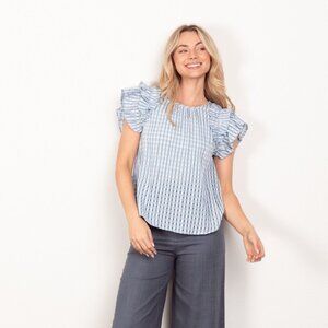 BLUE RUFFLE SLEEVE WOVEN TOP